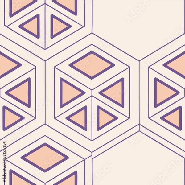 Fototapeta Geometric cubes vector background, isometric layout in lavender and soft orange, abstract tech-inspired structure