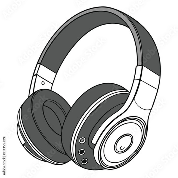 Fototapeta Gray and white wireless headphones with round earcups and a padded headband, floating in a white background
