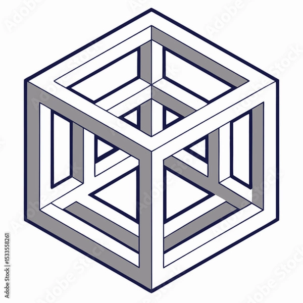 Fototapeta Impossible cube, isometric projection, white lines with gray shadows, optical illusion, geometric shape, white background, minimalist design, ab