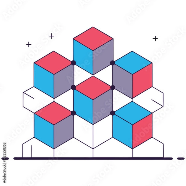 Fototapeta Isometric view of a pyramid made of red and blue cubes connected by black lines, white background