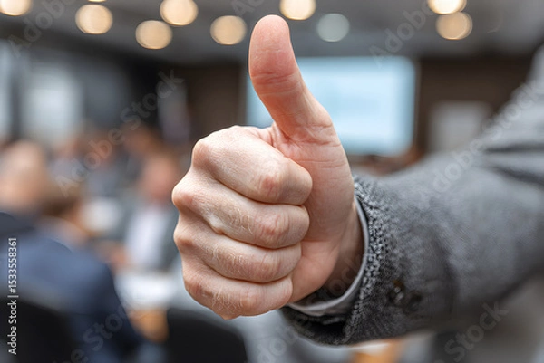Fototapeta Close-up of a hand showing a thumbs up gesture in the foreground, slightly blurred in the background