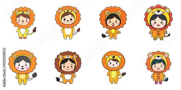Obraz Multiple vector illustrations, girl wearing lion costume

