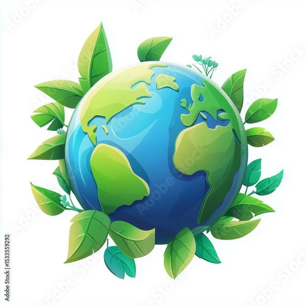 Fototapeta A vibrant illustration of Earth, cradled by lush green leaves, symbolizing the beauty and importance of environmental care and sustainability. A message of protection, balance.