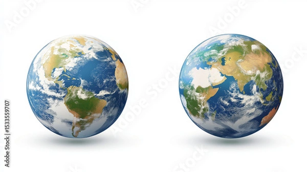 Fototapeta Two photorealistic globes, depicting Earth from different perspectives, showcasing continents and oceans, evoking a sense of the planet's beauty and diversity.