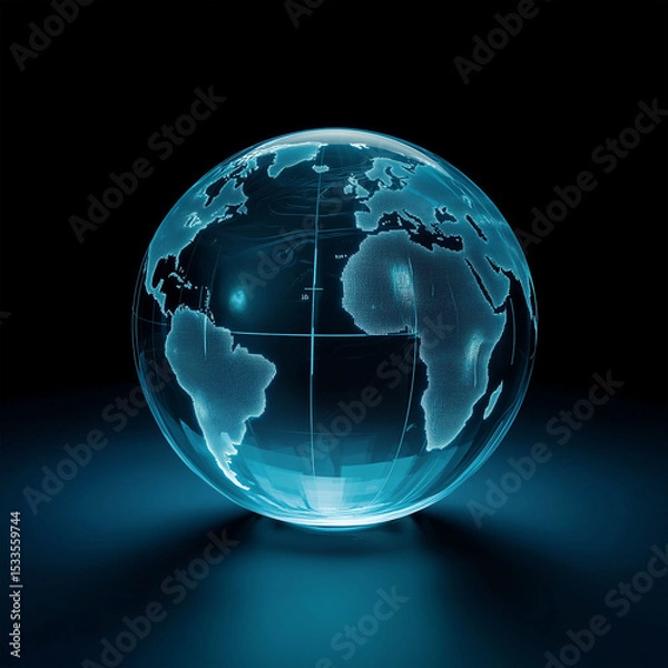 Fototapeta A captivating close-up of the world globe, showcases the intricate detail of continents and oceans, rendered in cool blue hues, emanating a futuristic and technological aura.