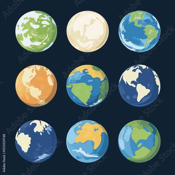Fototapeta A collection of meticulously designed globes, illustrating the diversity of planetary surfaces, suitable for educational or creative endeavors.