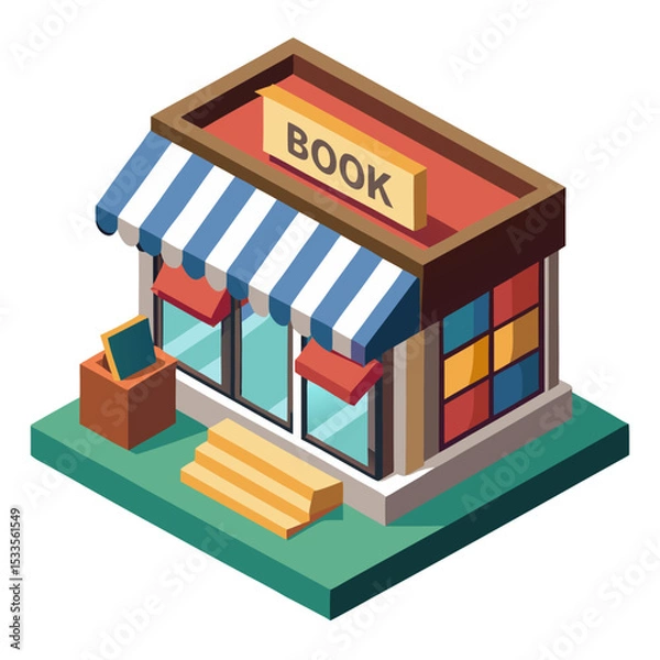 Obraz vector of a quaint isometric bookstore with open sign, shelves visible through windows, white background
