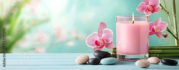 Obraz Pink Candle and Orchid Spa Composition with Stones and Bamboo on Pastel Background. Ideal for wellness, self-care, and relaxation-themed designs.