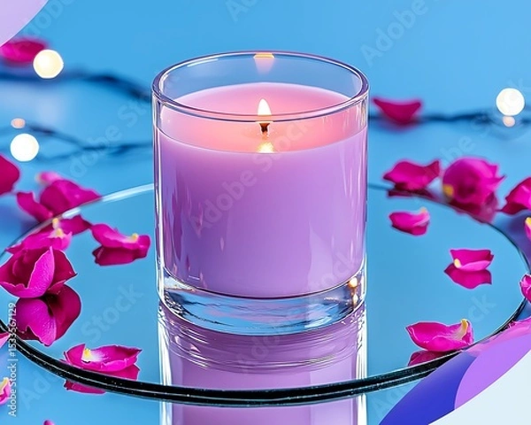 Obraz Pink candle on a mirrored surface with rose petals and glowing lights, creating a romantic and calming atmosphere ideal for spa, relaxation, or Valentine's themes.