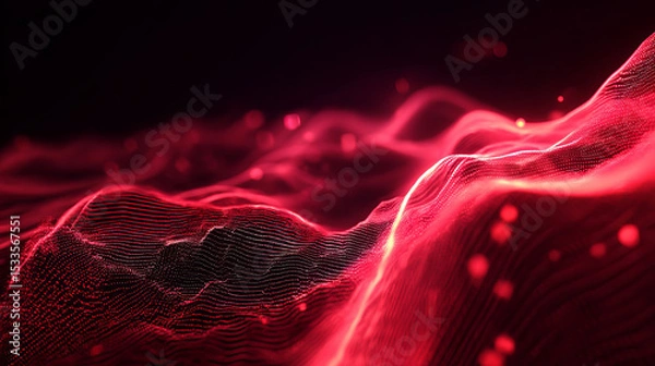 Fototapeta Abstract gradient particle waves seamlessly flowing with soft purple light and bokeh. Orange and blue digital waves. Technology, engineering, science, and artificial intelligence background