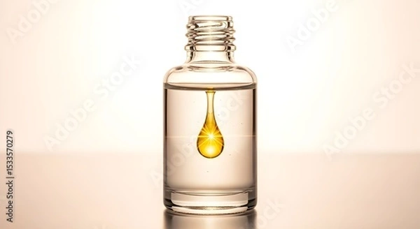 Obraz Transparent Serum Bottle with Hanging Golden Oil Drop – Glowing Light Skincare Mockup