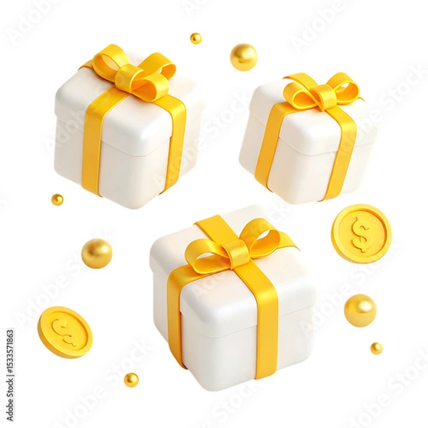 Obraz Three white gift boxes with yellow ribbons isolated on transparent background