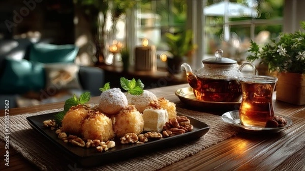 Fototapeta Elegant golden tray holding powdered kahk and nut-filled pastries, paired with a clear teapot filled with amber tea and matching cups on a linen placemat 