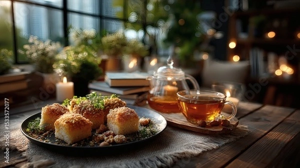 Fototapeta Elegant golden tray holding powdered kahk and nut-filled pastries, paired with a clear teapot filled with amber tea and matching cups on a linen placemat 