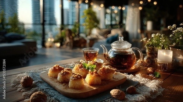 Fototapeta Elegant golden tray holding powdered kahk and nut-filled pastries, paired with a clear teapot filled with amber tea and matching cups on a linen placemat 