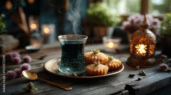 Fototapeta Close-up of Eid pastries on gold tray with visible texture, next to golden spoon and steaming tea in a glass with ornate holder 