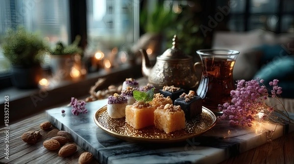 Fototapeta Beautifully arranged sweets on a round golden tray, with metal Arabic-style teapot and colorful tea glasses on marble background 