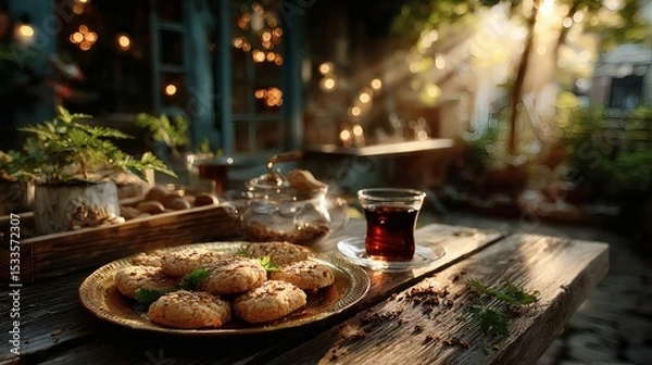 Fototapeta Wide shot of golden tray of cookies with tea service placed on outdoor wooden table in warm afternoon sunlight 