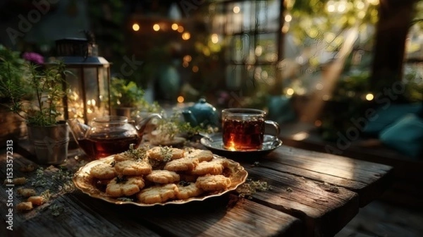 Fototapeta Wide shot of golden tray of cookies with tea service placed on outdoor wooden table in warm afternoon sunlight 