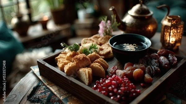 Fototapeta Symmetrical layout of golden tray with crescent-shaped cookies, dried fruits, and antique tea kettle on patterned carpet 