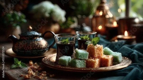 Fototapeta Still life of golden tray with Eid treats, mint leaves, teapot with engraved pattern, and fine china cups on velvet background 