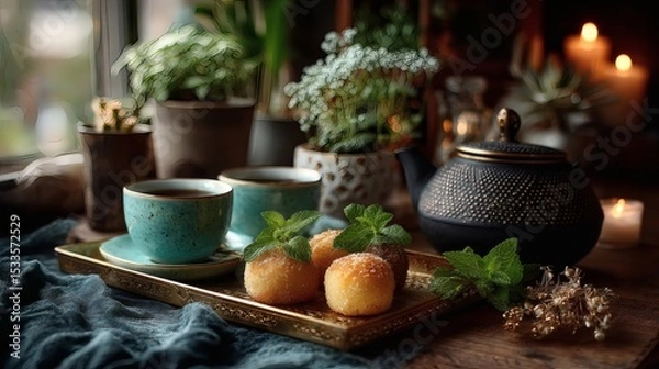 Fototapeta Still life of golden tray with Eid treats, mint leaves, teapot with engraved pattern, and fine china cups on velvet background 