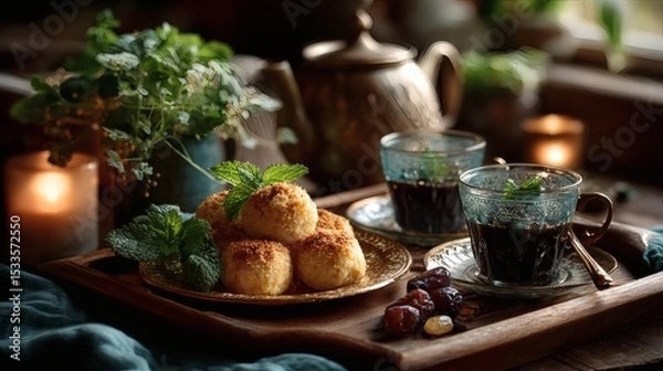 Fototapeta Still life of golden tray with Eid treats, mint leaves, teapot with engraved pattern, and fine china cups on velvet background 