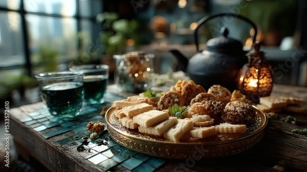 Fototapeta Golden tray centered on a mosaic tile table, filled with assorted cookies and next to a small ornate tea kettle and two glass cups of hot mint tea 