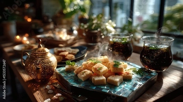 Fototapeta Golden tray centered on a mosaic tile table, filled with assorted cookies and next to a small ornate tea kettle and two glass cups of hot mint tea 