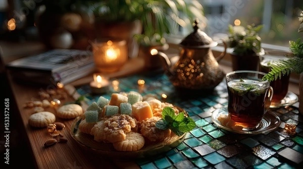 Fototapeta Golden tray centered on a mosaic tile table, filled with assorted cookies and next to a small ornate tea kettle and two glass cups of hot mint tea 