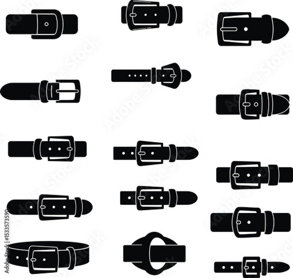 Fototapeta Extensive black vector illustration set of diverse leather belt silhouettes with various buckle styles, perfect for fashion and apparel design projects.