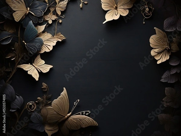 Fototapeta Vintage Floral Frame on Dark Wooden Background, 
Elegant Flower Border with Copy Space