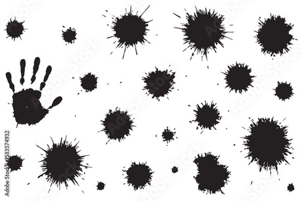 Fototapeta Stylized black ink stains and handprint in dynamic motion isolated on white background, modern artistic design, messy splashes of ink, line art icon set