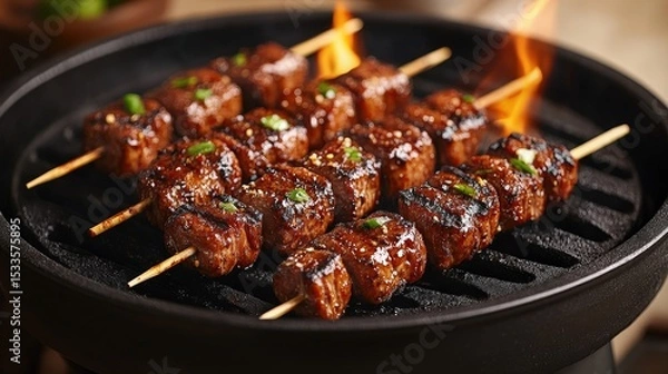 Fototapeta Juicy grilled beef skewers sizzling over an open flame on a barbecue grill, garnished with herbs.