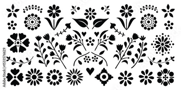 Fototapeta Floral pattern with various flowers, leaves, branches and hearts in black and white color scheme design