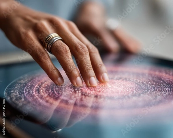 Obraz Futuristic Zodiac Wheel on Tablet Screen with Silver-Ringed Hand Swiping under Blush Light and Starry Reflection - Modern Digital Astrology Interface