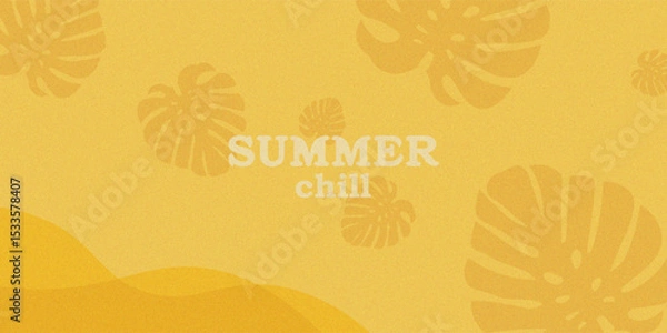 Fototapeta A minimalist summer background with tropical monstera leaves in various shades of yellow on a warm, sunlit background. Centered white text reads "SUMMER chill." Perfect for summer promotions, social m