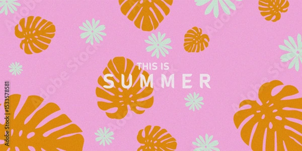 Fototapeta A playful tropical summer background featuring orange monstera and mint palm leaves scattered on a vibrant pink background. Includes centered text that says "This is SUMMER" in bold white font. Ideal 