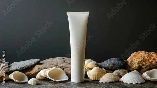 Fototapeta Cream tube surrounded by seashells and rocks