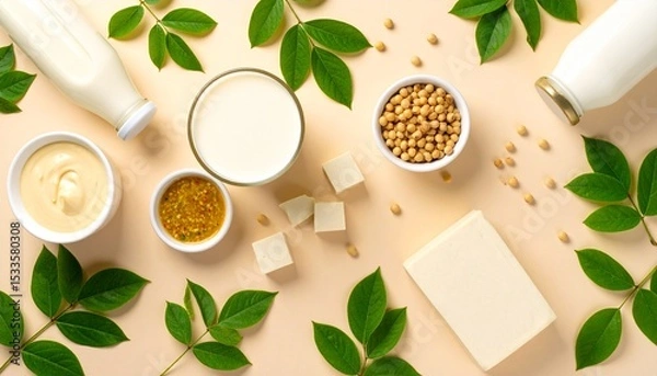 Obraz Soy Products Flatlay Milk Tofu Soybeans and Sauces Healthy Vegan Food Concept