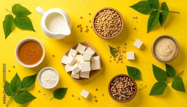 Obraz Delicious Tofu Dishes Soy Milk Ingredients Healthy Vegan Food Preparation