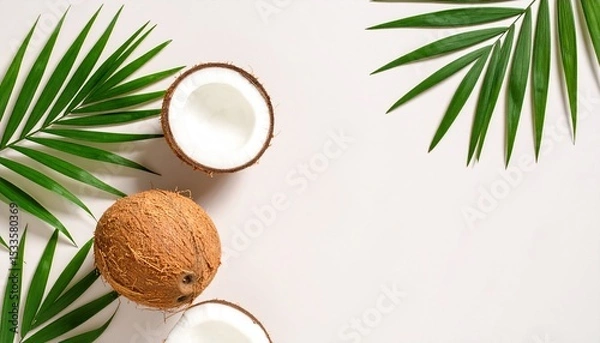Obraz Fresh Coconuts and Palm Leaves on Beige Background Tropical Summer Theme