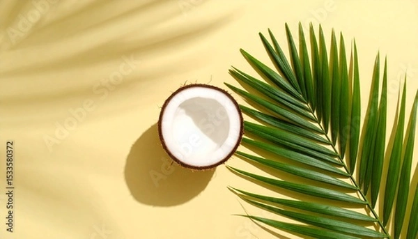 Obraz Halved Coconut with Palm Frond on Yellow Background Summer Tropical Vibe