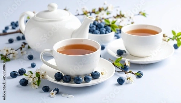 Obraz Enjoying a Refreshing Cup of Tea with Blueberries and Spring Blossoms