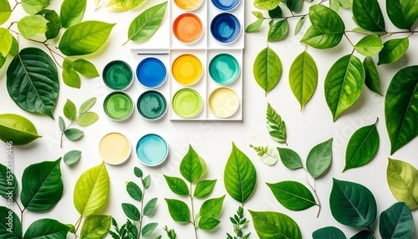 Obraz Vibrant Watercolor Paint Set Arranged with Lush Green Leaves on White Background