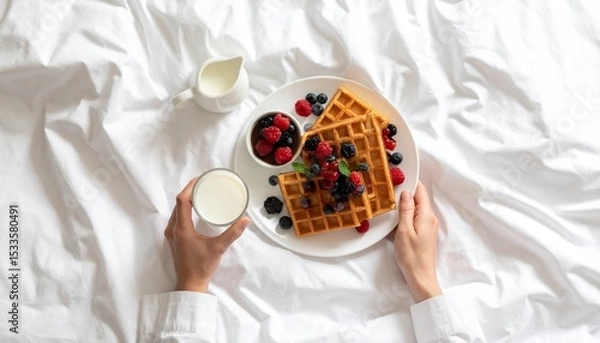 Obraz Delicious Waffles with Berries and Milk Enjoyed in Bed A Relaxing Breakfast Scene