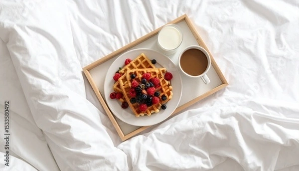 Obraz Delicious Waffles with Berries and Milk Coffee Breakfast in Bed