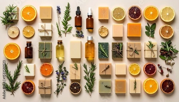 Obraz Natural Handmade Soap Collection with Citrus Fruits and Herbs Aromatherapy Spa Products