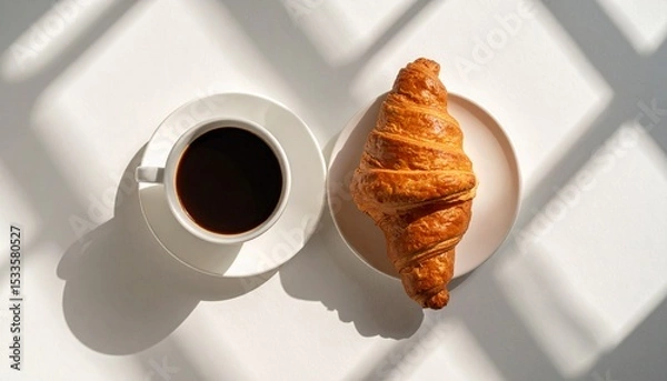 Obraz Delicious Buttery Croissant and Aromatic Black Coffee Breakfast Enjoy a Sunny Morning