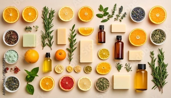 Obraz Natural Handmade Soap Citrus and Herbal Bath Products Flat Lay
